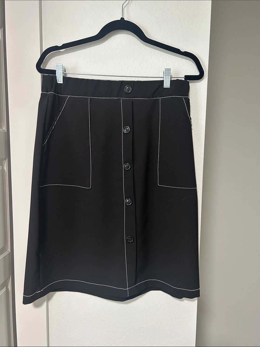 DownEast Black Midi Button-Front Skirt with White Topstitch